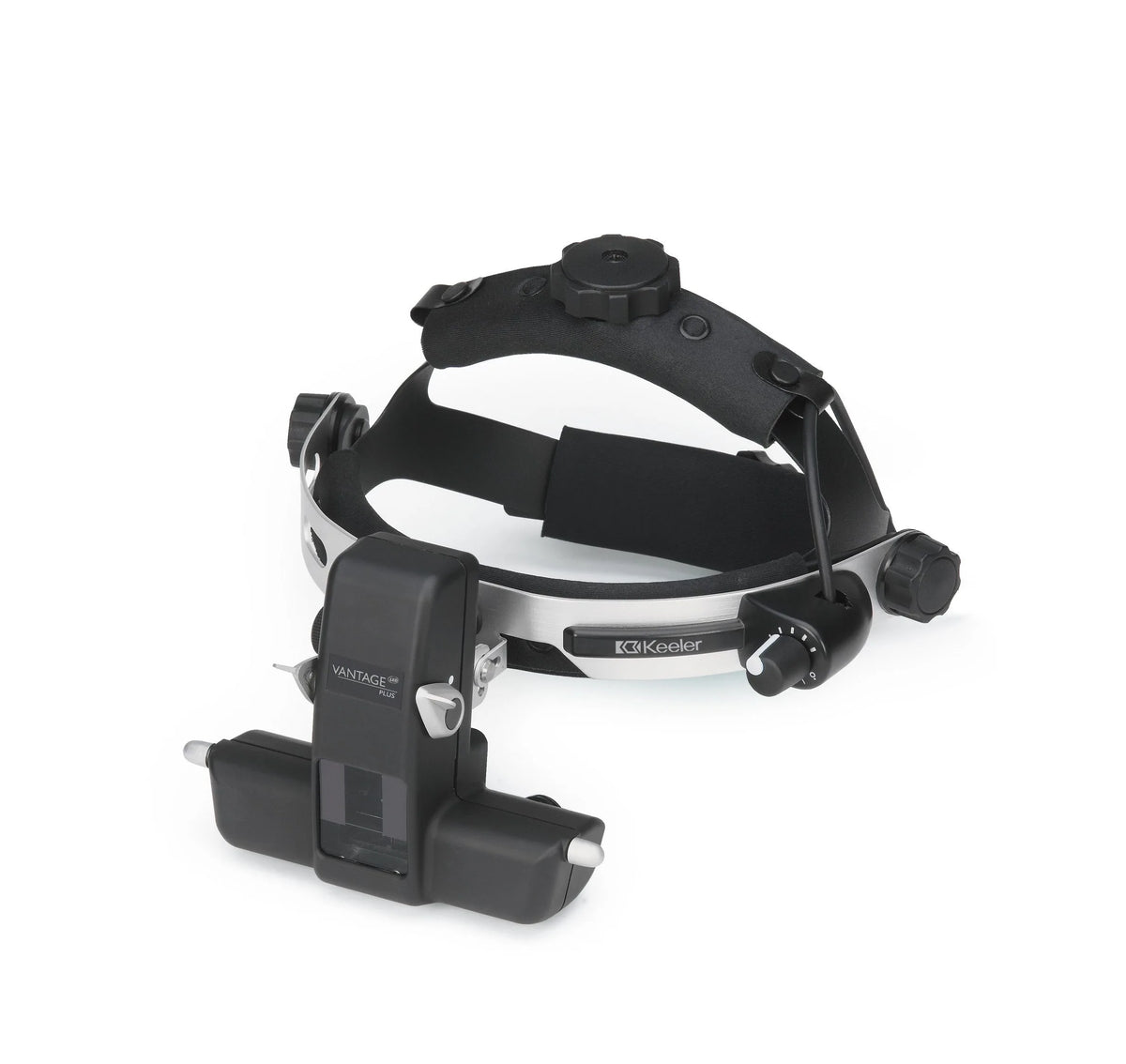 Oftalmoscopio binocular indirecto Vantage Plus LED de Beracah Medica, con lentes y iluminación LED para exámenes oculares.