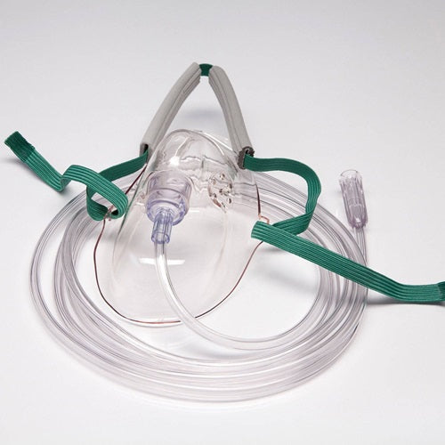 Mascarilla de oxígeno para adulto Beracah Médica con tubo de 2.1 m y correa de fijación, caja con 50 unidades.