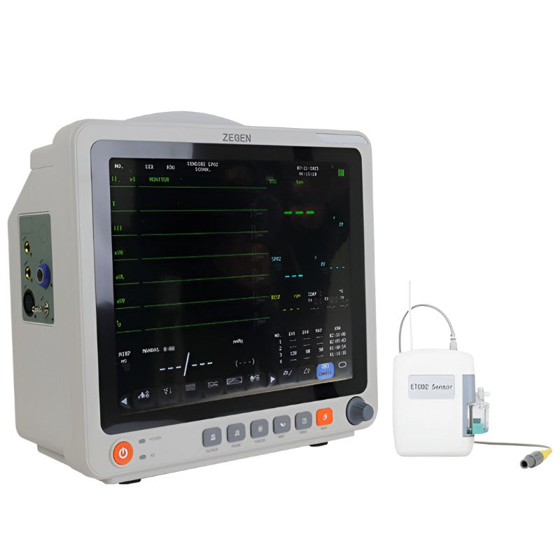 Monitor para paciente Beracah Medica ZGN-7D de 6 parámetros con pantalla táctil de 12 pulgadas y capnografía para signos vitales.