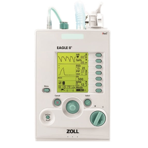 Ventilador volumétrico Eagle II de Beracah Medica, mostrado en la imagen con sus controles y diseño compacto.