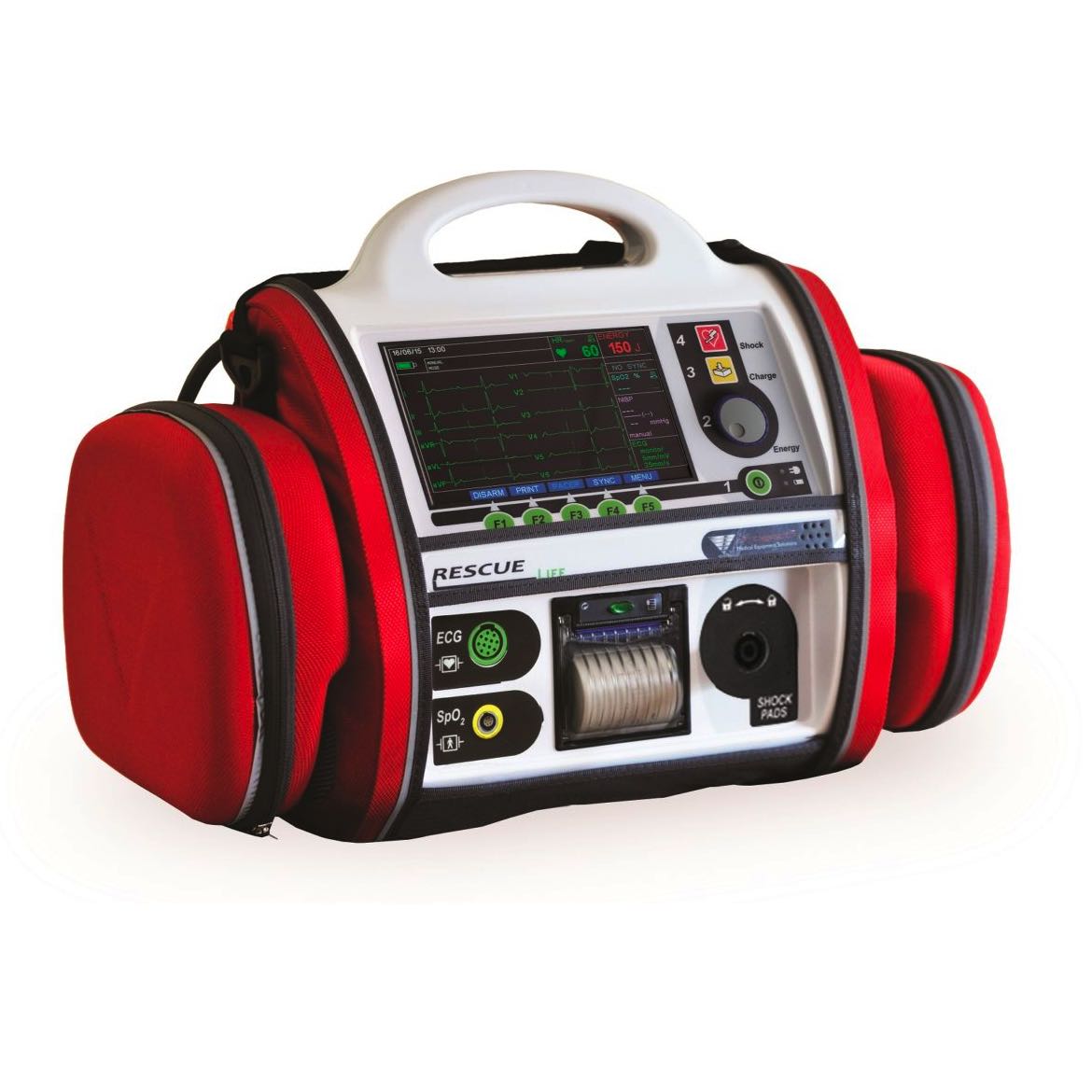 Desfibrilador con monitor de 7 pulgadas Bifásico Rescue LIFE 7 de Beracah Medica, mostrando pantalla y controles en color negro