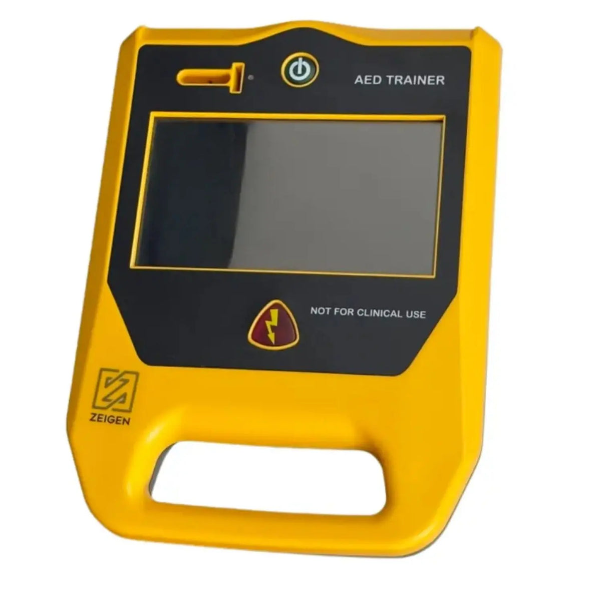 Simulador de desfibrilador automático AED de Beracah Medica para entrenamiento, con pantalla y botones visibles.