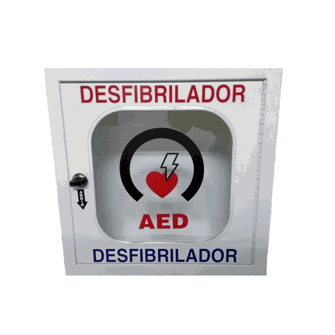 Gabinete para desfibrilador en lámina de acero, tamaño 40x40x21cm, marca Beracah Médica, con cierre y visibilidad clara del interior.