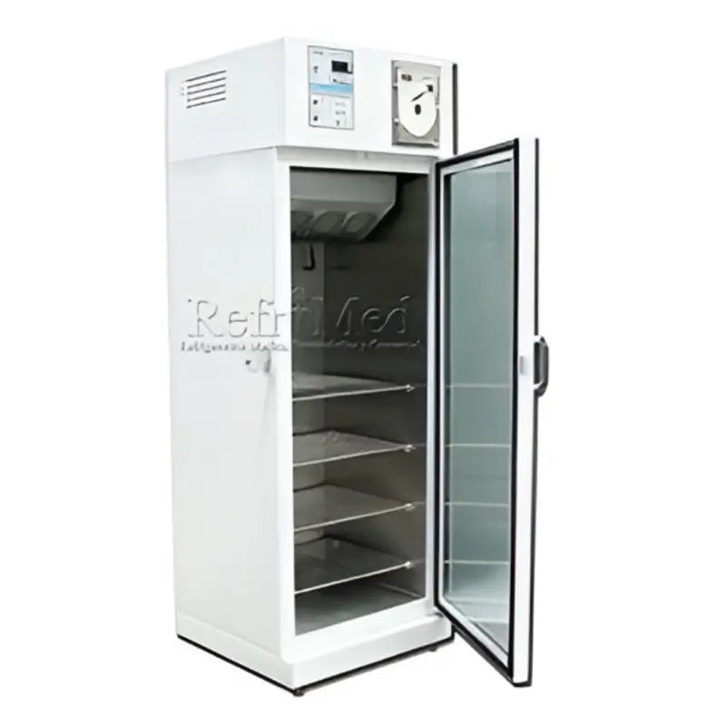 Refrigerador vertical para laboratorio Beracah Médica, 12 ft³, acero inoxidable interior, puerta sólida con graficador.