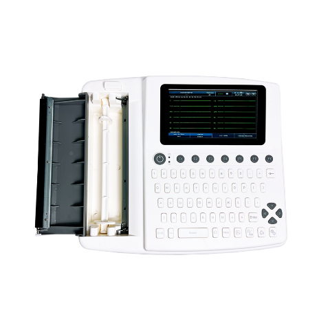 Electrocardiógrafo de 12 canales Beracah Medica con pantalla y cables para monitoreo cardíaco.