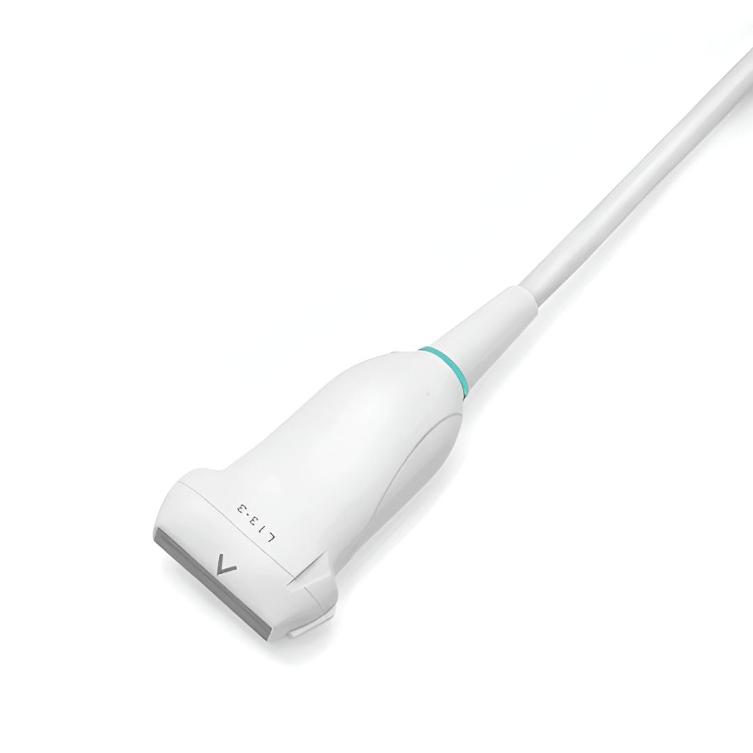 Transductor lineal para ultrasonido veterinario Beracah Medica Vetus 5, con cable y conectores visibles.