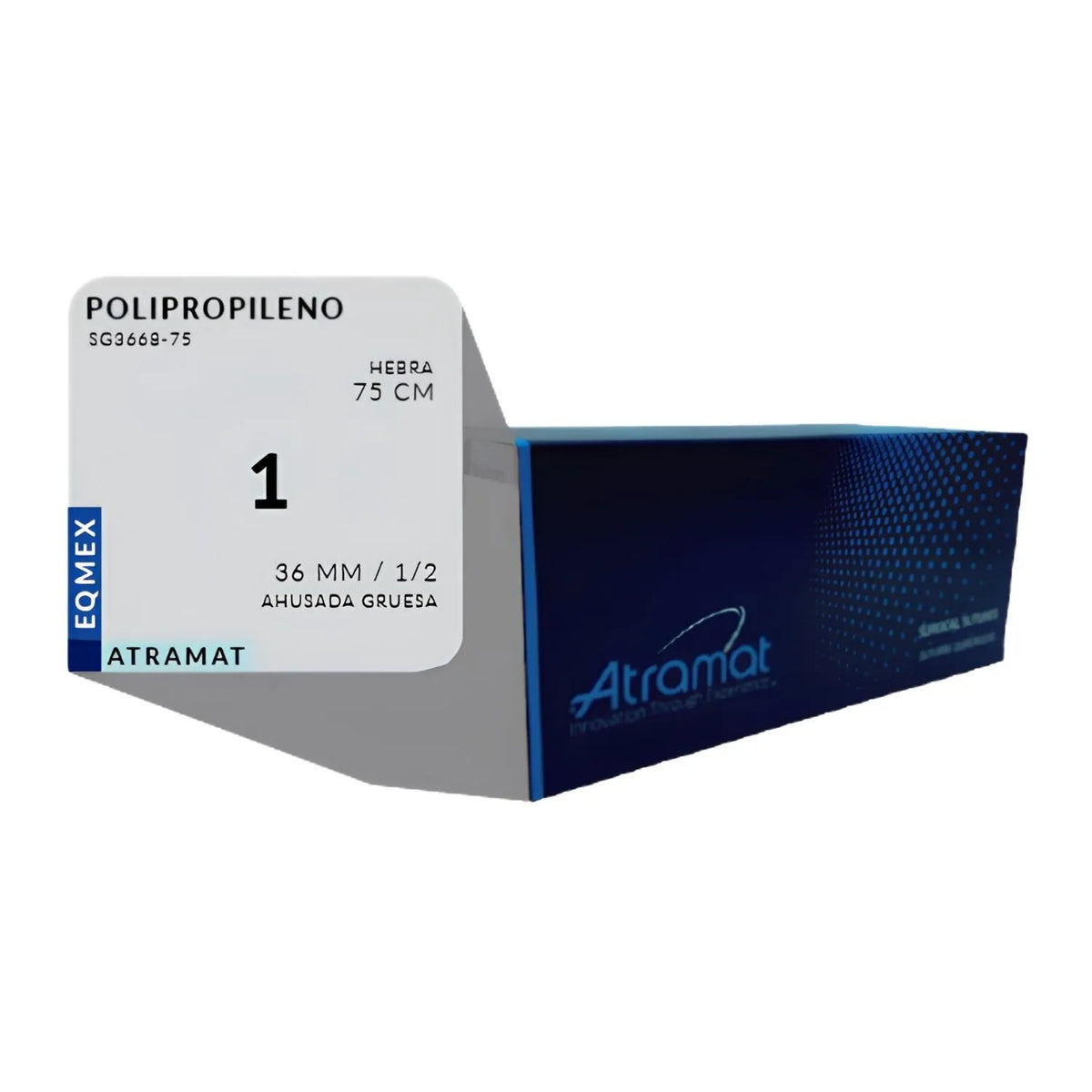 Sutura de polipropileno azul USP 1 con aguja de 36mm ahusada gruesa, ideal para cerraduras quirúrgicas.