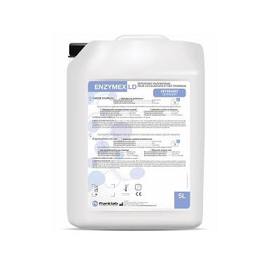 Detergente líquido multienzimático Enzymex LD de Beracah Médica en bidones de 5L para lavadoras automatizadas y por inmersión.