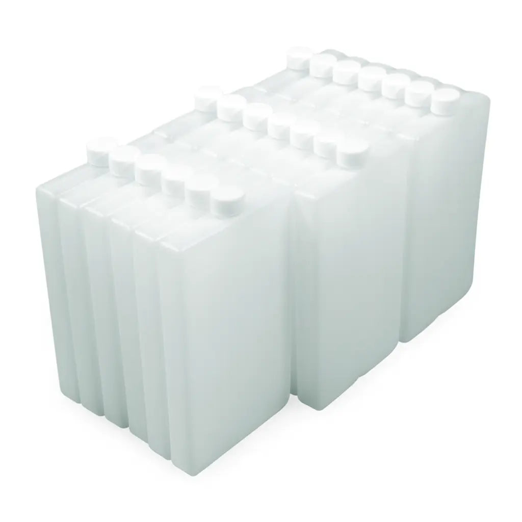Paquete de 20 botellas de gel refrigerante para termo de 45 litros, ideal para hieleras y conservación de bebidas.