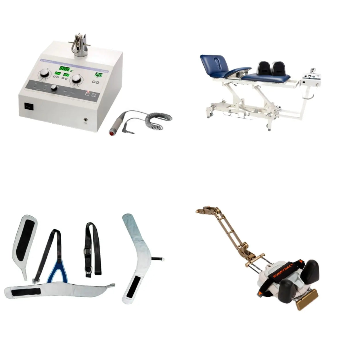 Mesa de exploración cervical, torácica y lumbar Beracah Medica con accesorios para evaluación y tratamiento médico.