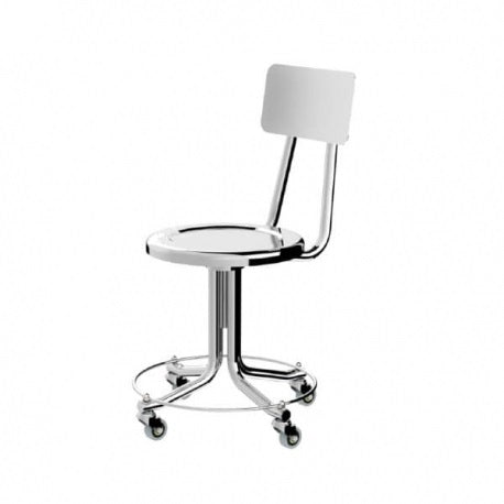 Banco giratorio Grand Plus con respaldo y acabado cromado, marca Beracah Medica, detalles de estructura y asiento en la imagen.