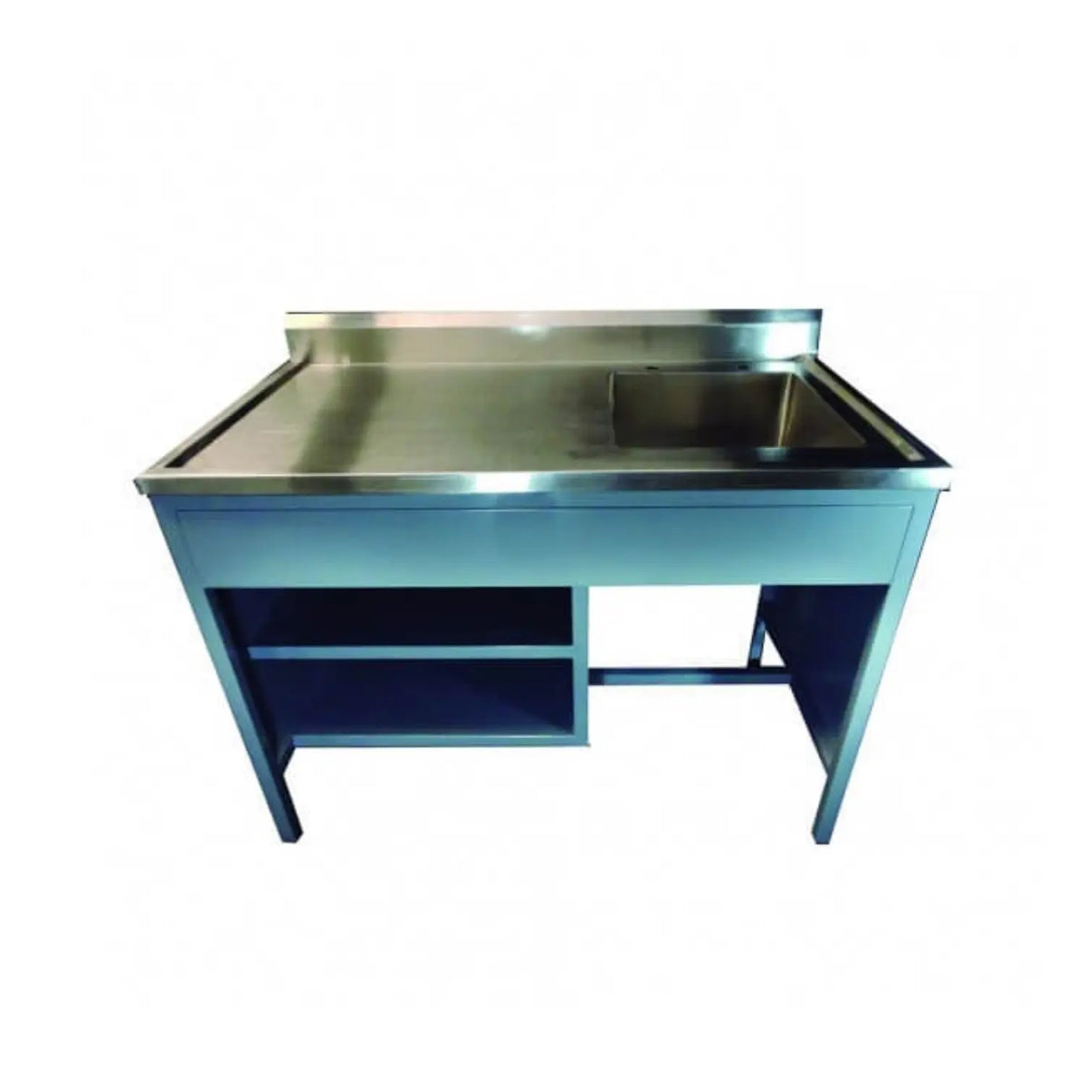 Mesa alta MSI de 180cm con respaldo y fregadero izquierdo de 40x45x19cm, marca Beracah Medica, en ambiente clínico.