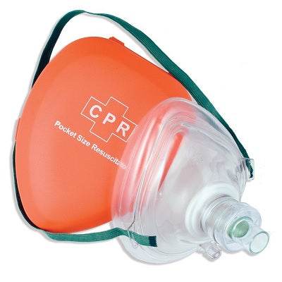 Mascarilla para RCP tipo Pocket Mask de Beracah Medica, máscara de reanimación con válvula y bolsa de transporte compacta.