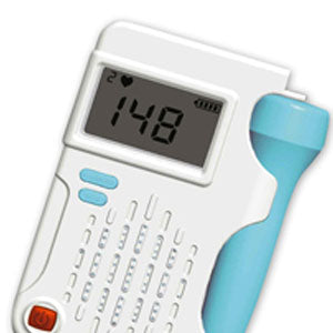 Monitor Doppler fetal portátil Beracah Medica con pantalla LCD blanca y transductor de 2.5 MHz para detección fetal.