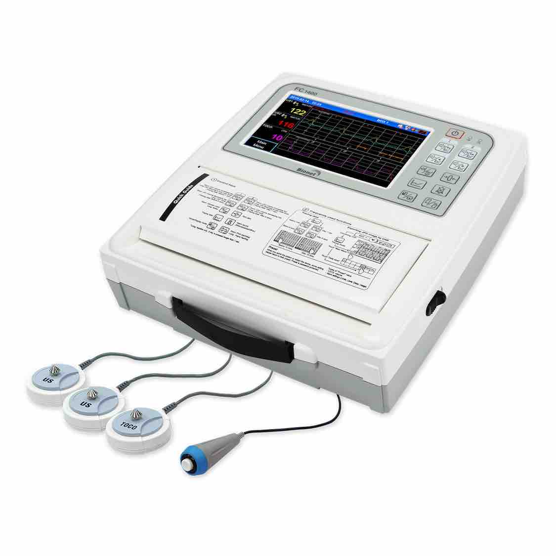 Monitor fetal gemelar MSI Beracah Medica con pantalla LCD a color para cardiotocografía.
