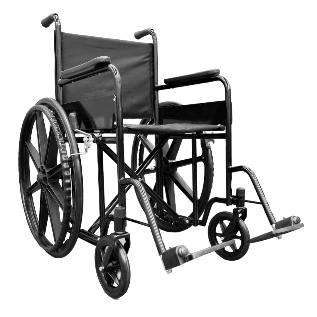 Silla de ruedas estándar Beracah Médica con pedal abatible y extensión, visible en imagen con marco y ruedas.