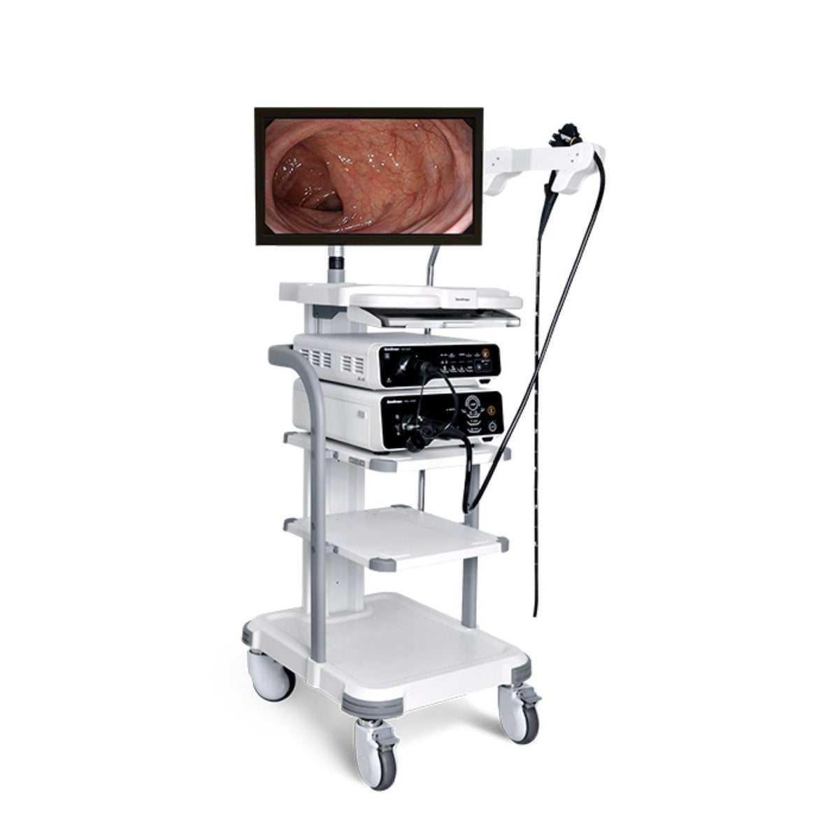 Torre para endoscopia Sonoscape HD-550 de Beracah Medica, equipo de endoscopia con pantalla y controladores.