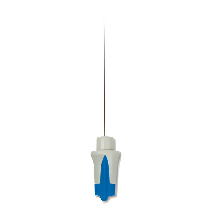Electrodo de aguja desechable para EMG Dantec® azul, 37 mm, 0.46 mm diámetro, caja con 25 unidades, marca Beracah Médica.