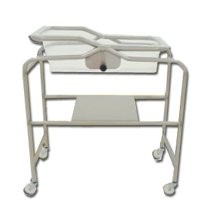 Carro cuna bacinete inoxidable MSI de Beracah Medica con estructura robusta y superficie limpia, diseñado para uso hospitalario.