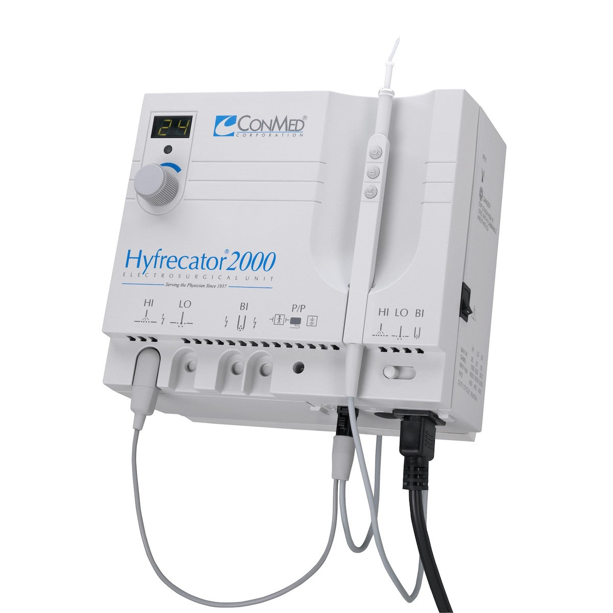 Electrocauterio Hyfrecator 2000 ConMed para ginecología y obstetricia, con cables y accesorios visibles.