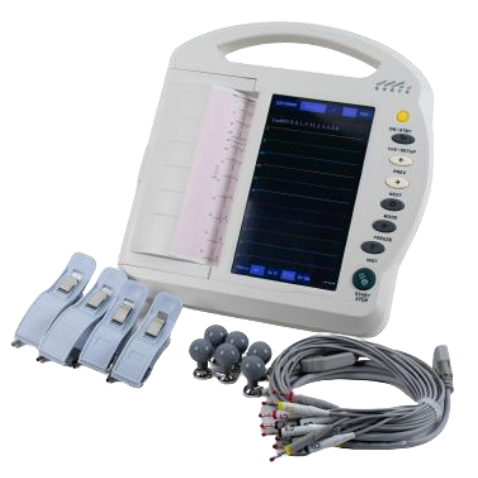 Electrocardiografo de 12 canales Beracah Medica con pantalla táctil de 10 pulgadas y diseño compacto para monitoreo cardíaco.