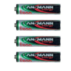 Cuatro baterías AAA NiMH de la marca Beracah Medica, recargables y de alta duración, dispuestas sobre fondo blanco.
