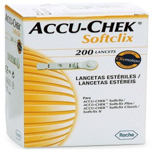 Lancetas para Accu-Check Softclick de Beracah Medica, 200 piezas, mostradas en la imagen, ideales para pruebas de glucosa en sangre.