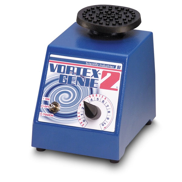 Agitador Vortex GENIE II MIXER de Beracah Medica, dispositivo MSI con controles y bandeja para tubos en uso.