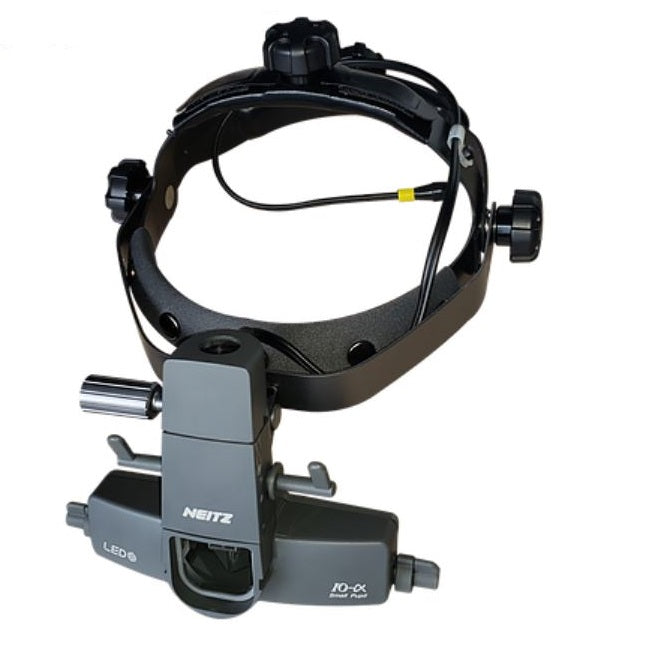Oftalmoscopio binocular indirecto LED inalámbrico MSI de Beracah Médica, con luces y lentes para exámenes oculares.