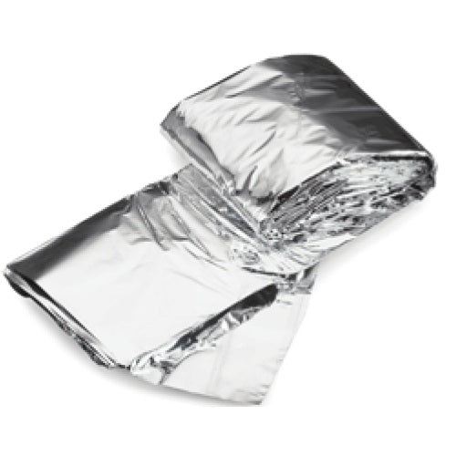 Sábana térmica de aluminio Beracah Medica, tamaño 2.13m x 1.37m, superficie reflectante y resistente para emergencias.