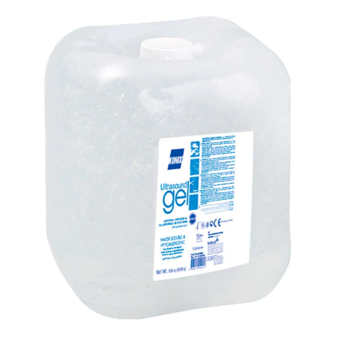 Gel para ultrasonido hipoalergénico de 5 litros en envase blanco, ideal para procedimientos médicos de Beracah Medica.