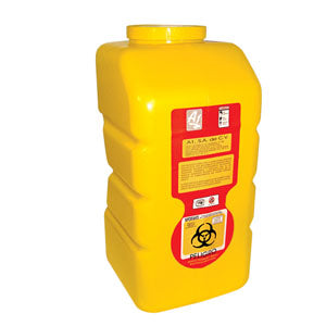 Recolector de líquidos de 12 litros en polipropileno amarillo de la marca Beracah Medica, con asa para fácil manejo.