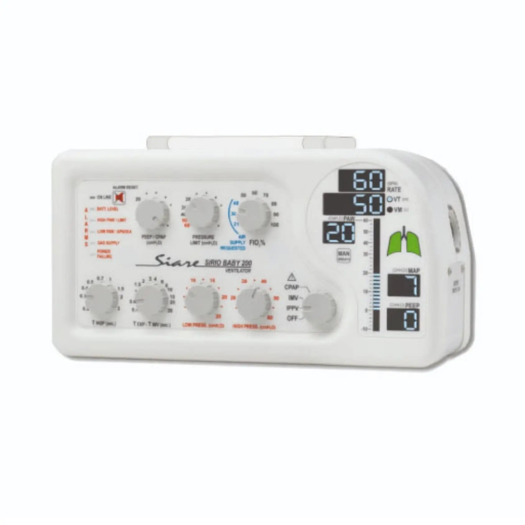 Ventilador neonatal Sirio Baby 200 de Beracah Medica para traslado en MRI, equipo para resonancia magnética.