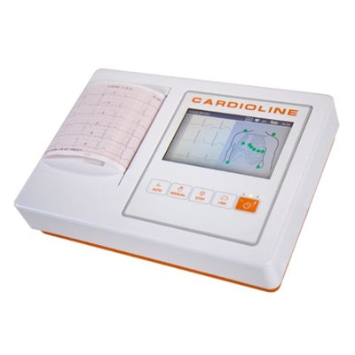 Electrocardiógrafo de 6 canales Beracah Medica serie 100L, pantalla táctil a color de 5 pulgadas, diseño compacto y profesional.