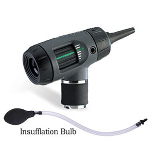 Otoscopio halógeno MSI Beracah Médica con luz macroview y bulbo insuflador para examen de oído, con pantalla y componentes visibles.
