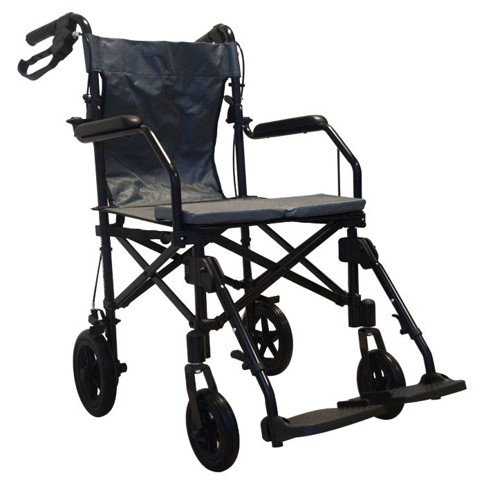 Silla de traslado plegable con freno de la marca Beracah Medica, silla de ruedas portátil y compacta para viajes.
