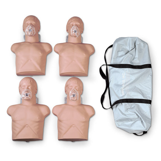 Conjunto de 4 maniquíes adultos para prácticas de RCP, marca Beracah Medica, usados en entrenamiento de reanimación cardiopulmonar.
