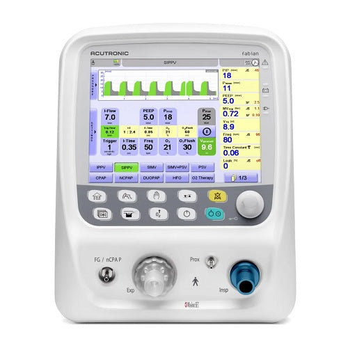 Ventilador volumétrico neonatal-pediátrico Beracah Medica modelo FABIAN HFO, con pantalla y controles en la imagen.