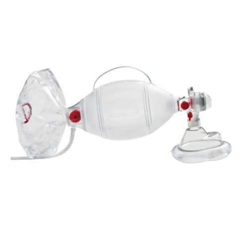 Resucitador pediátrico SPUR II Beracah Medica con reservorio de oxígeno, mascarilla desechable y válvula para cuidado infantil.