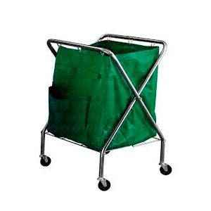 Carro de aseo MSI Beracah Medica con estructura cromada, bolsa lona verde, tamaño 57x65x90 cm, en forma de tijeras.