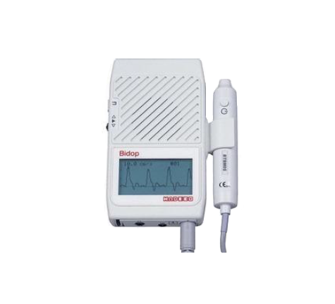 Detector vascular MSI Beracah Medica con trazo de frecuencia y SmartV-Link, muestra interfaz y conexiones del dispositivo médico.