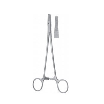 Porta agujas Mayo Hegar de 30.5 cm de la marca Beracah Medica, con mango metálico y diseño ergonómico.