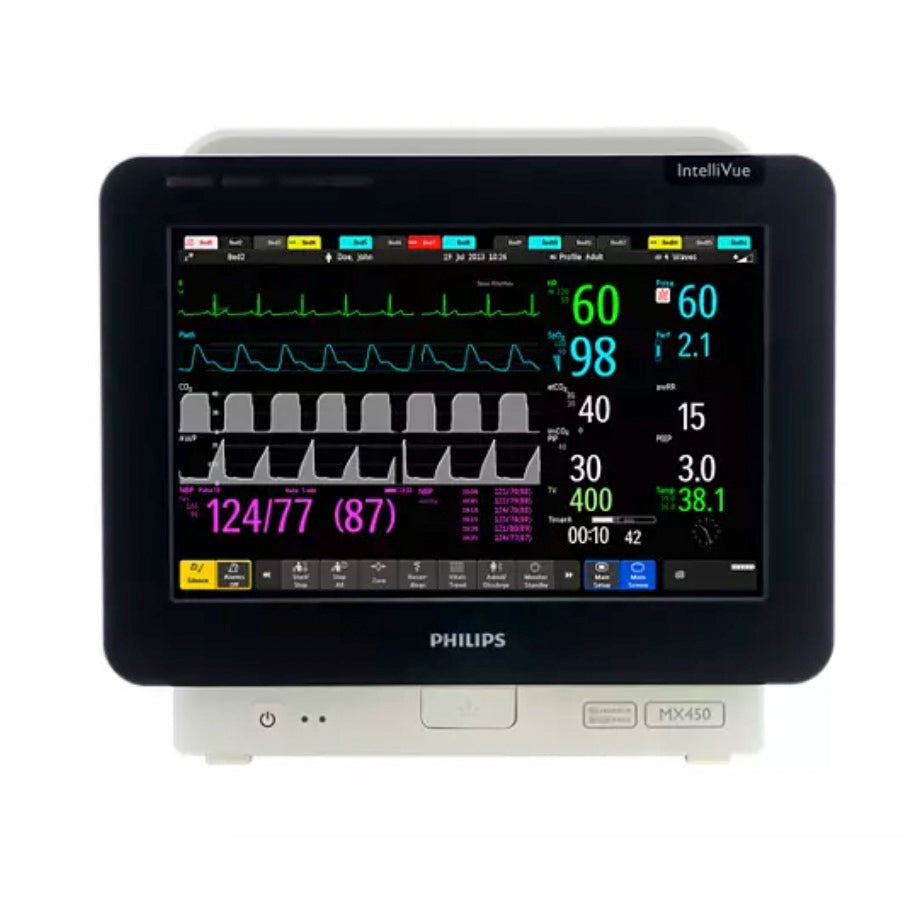 Monitor para paciente IntelliVue de 12 pulgadas de Beracah Medica con módulo multiparamétrico MX450 para monitoreo clínico.