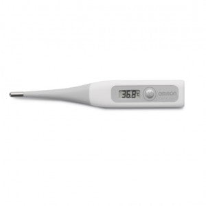 Termómetro digital Beracah Medica con punta flexible para medición de temperatura corporal, muestra en pantalla digital.
