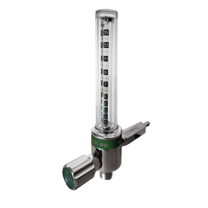 Flujómetro sencillo para oxígeno de 0-15 LPM de Beracah Médica, con entrada para Puritan Bennet, en color y diseño compacto.