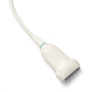 Transductor lineal multifrecuencia para ultrasonido Beracah Medica Vetus 8, muestra la superficie y conexiones del dispositivo.