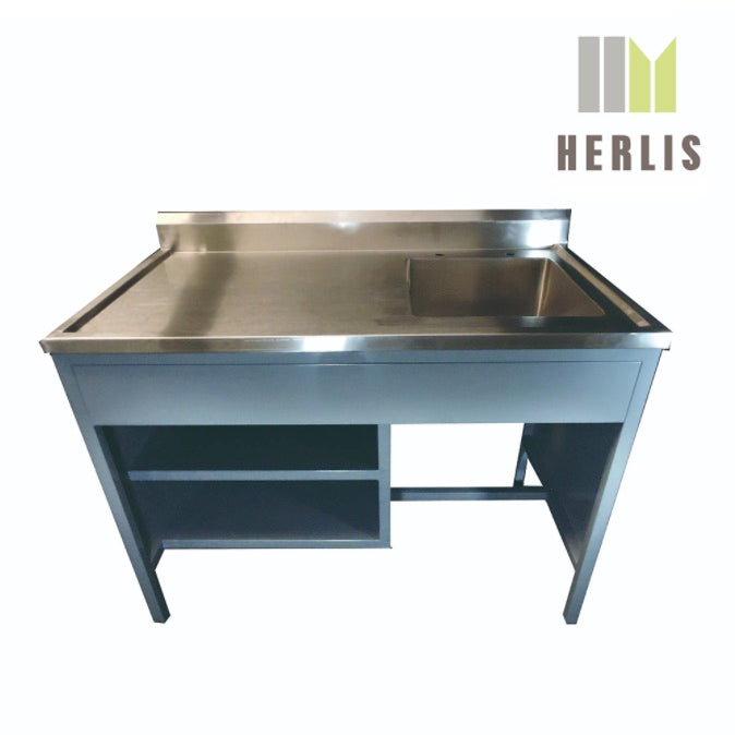 Mesa alta MSI de 120 cm con respaldo y fregadero derecho esmaltada, ideal para espacios médicos.