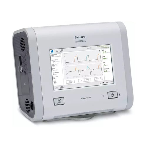Ventilador de traslado invasivo y no invasivo Beracah Medica modelo Trilogy EV300 en uso, con pantalla y controles visibles.