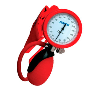 Baumanómetro aneroide Eco rojo transparente de Beracah Médica, monitor de presión arterial analógico de brazo con esfera visible.