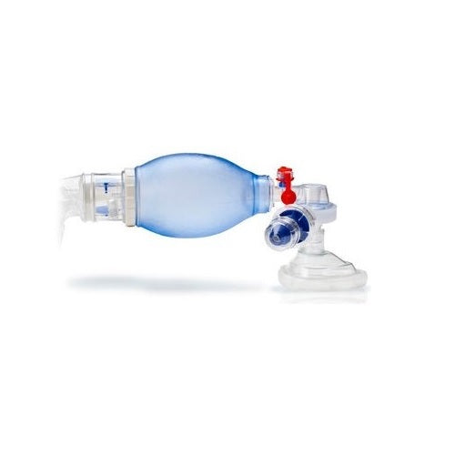 Resucitador desechable pediátrico Beracah Médica con mascarilla, bolsa reservorio y tubo de suministro para atención médica infantil.